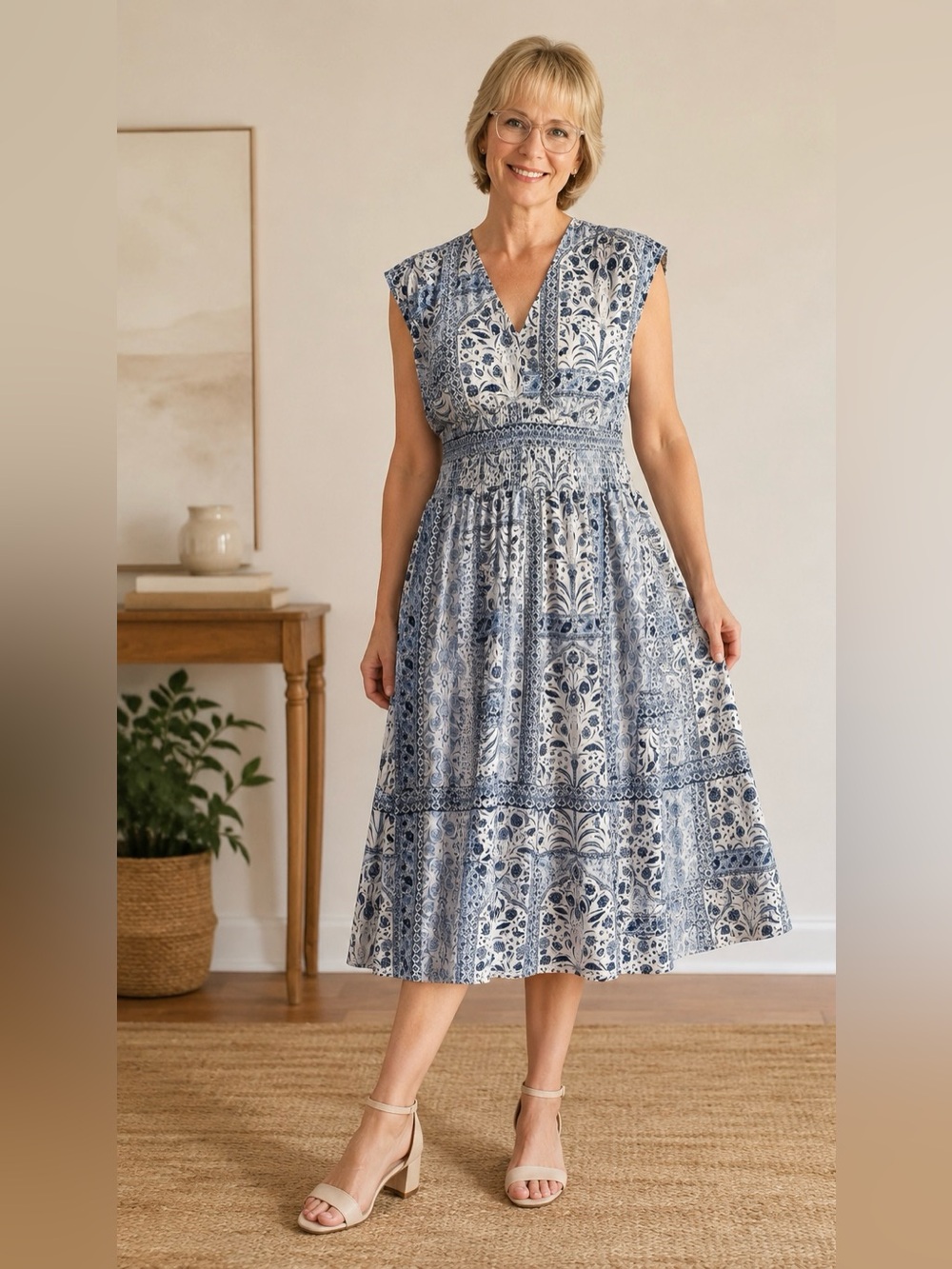 Old Navy Blue and White Cotton Summer Dress Waist Defined Large